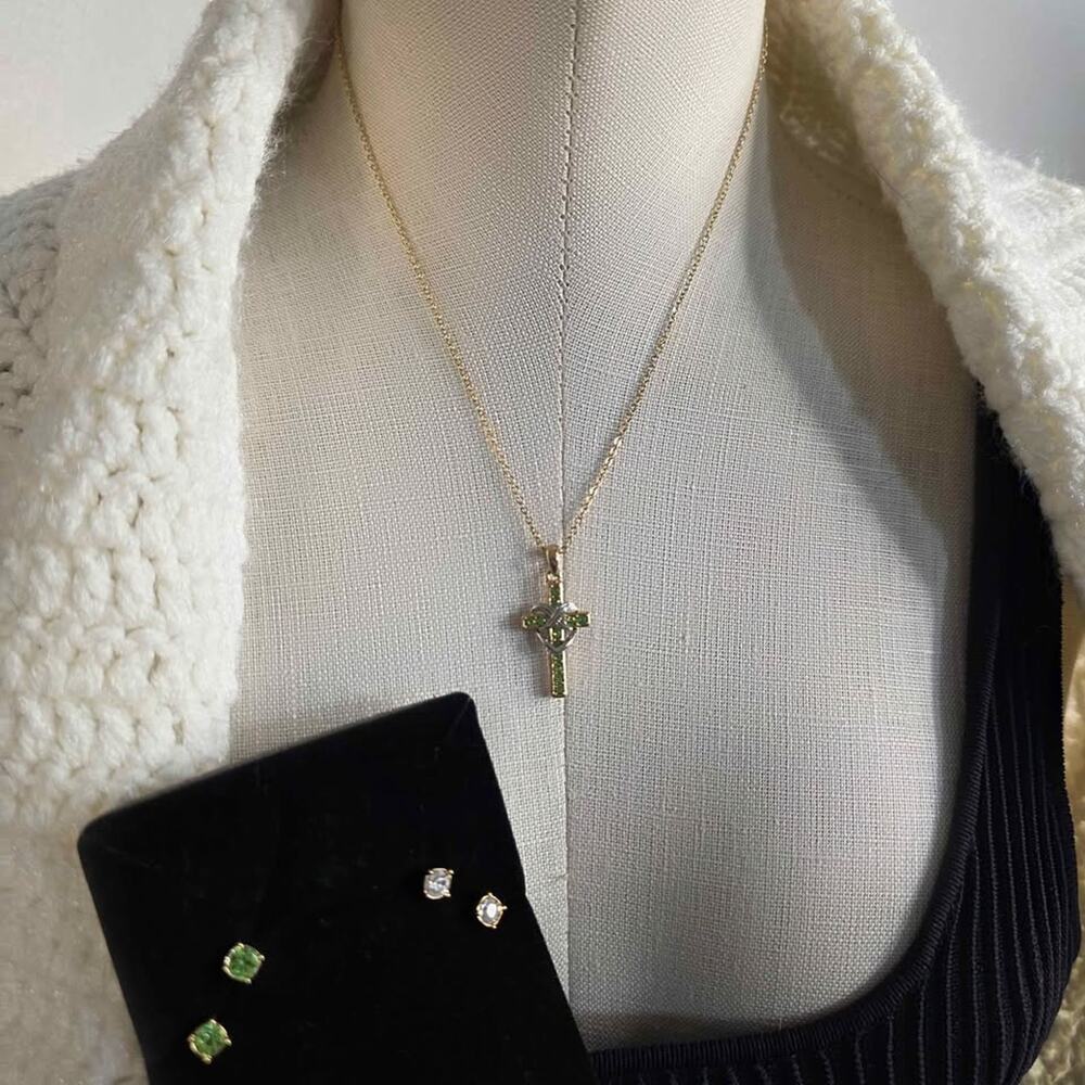 Necklace Green Rhinestone Heart Infinity Faith Pendant Earrings Set Christian